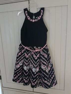 Girks Knitworks Black Dress with Pink Floral Embroidery Size 8